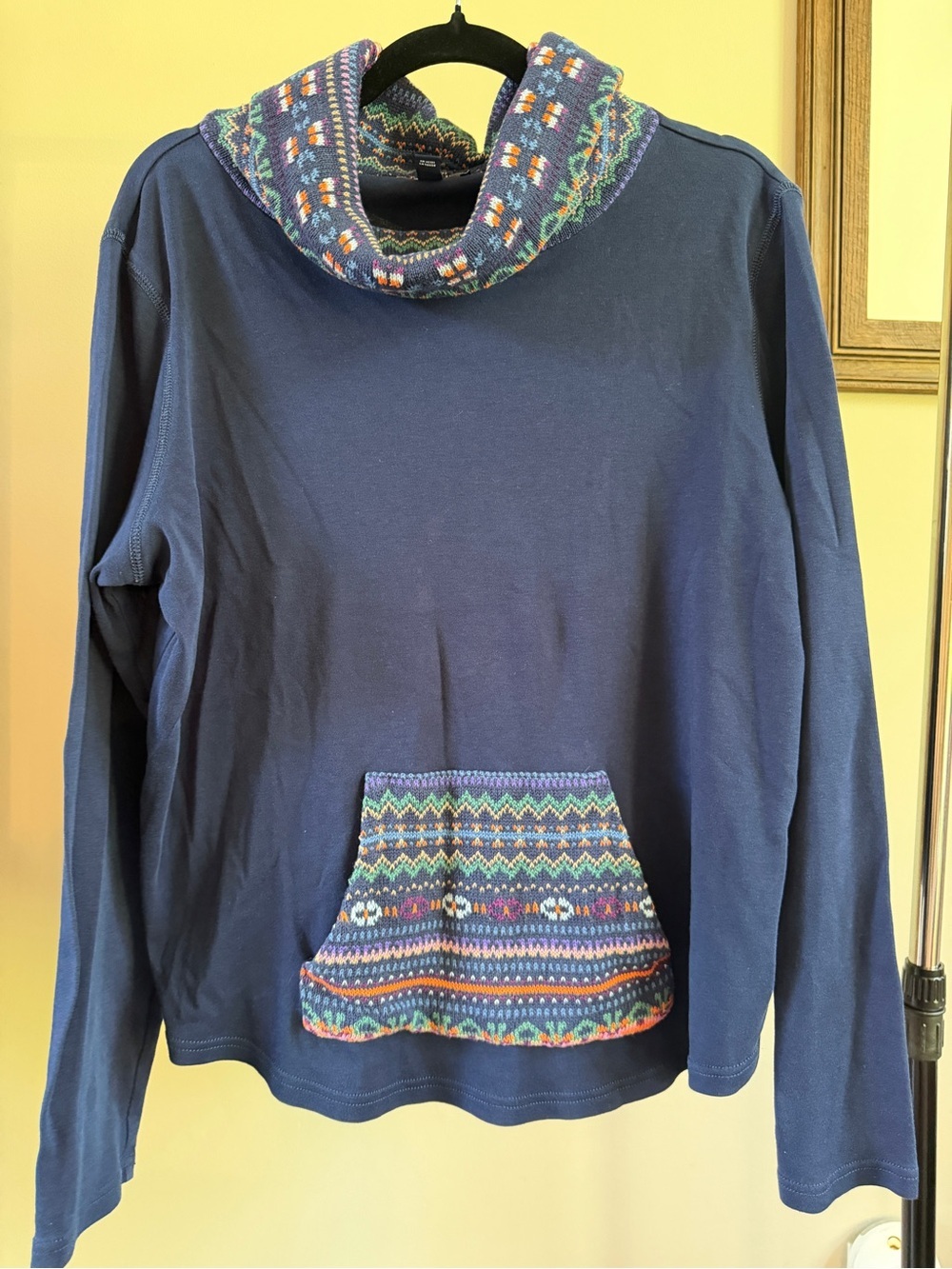 CHAPS Women's Navy Knit Funnel-Neck Sweater with Fair Isle Patterned Trim